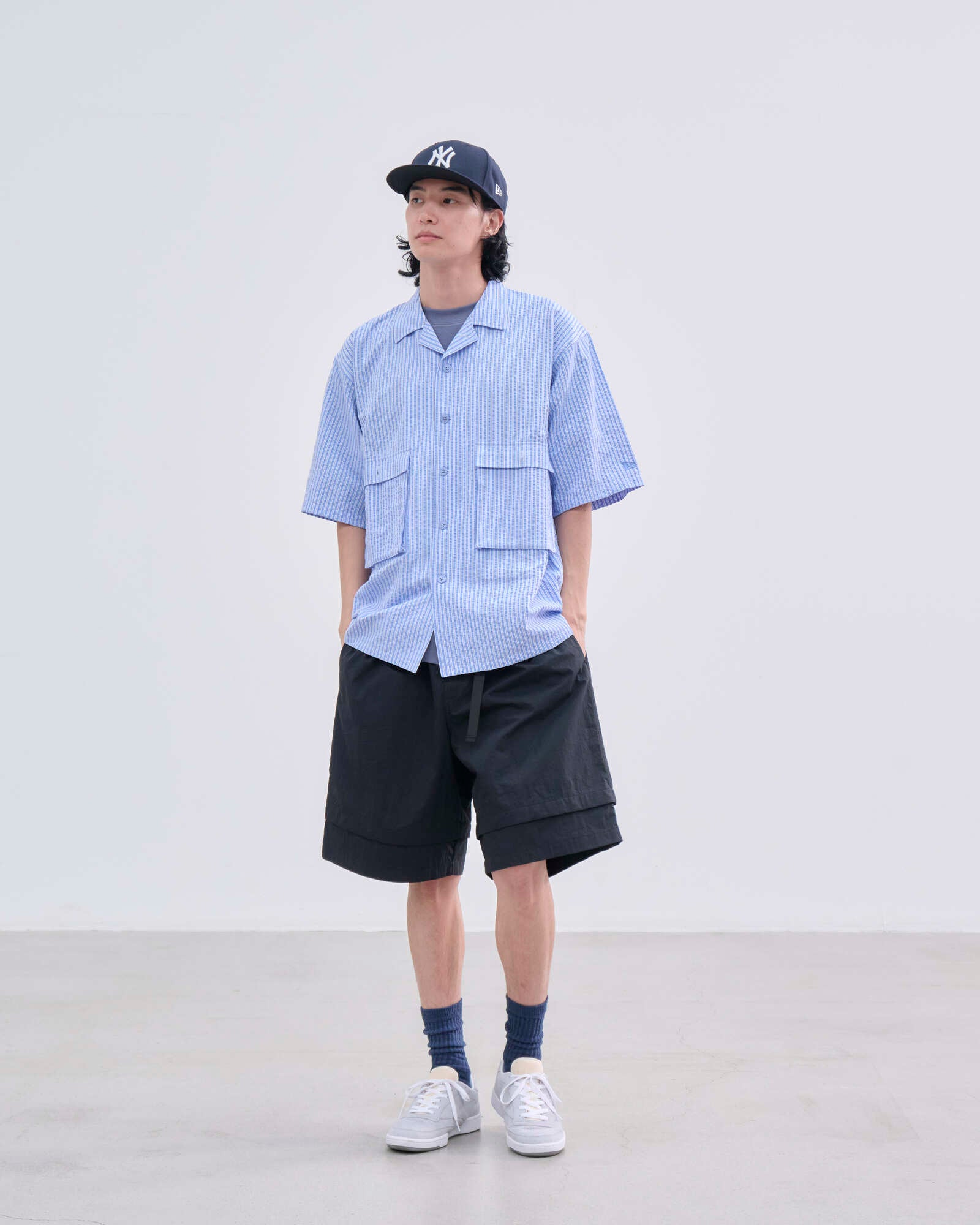 半袖 シアサッカー オープンカラー シャツ BLACK LABEL SS26 ブルー