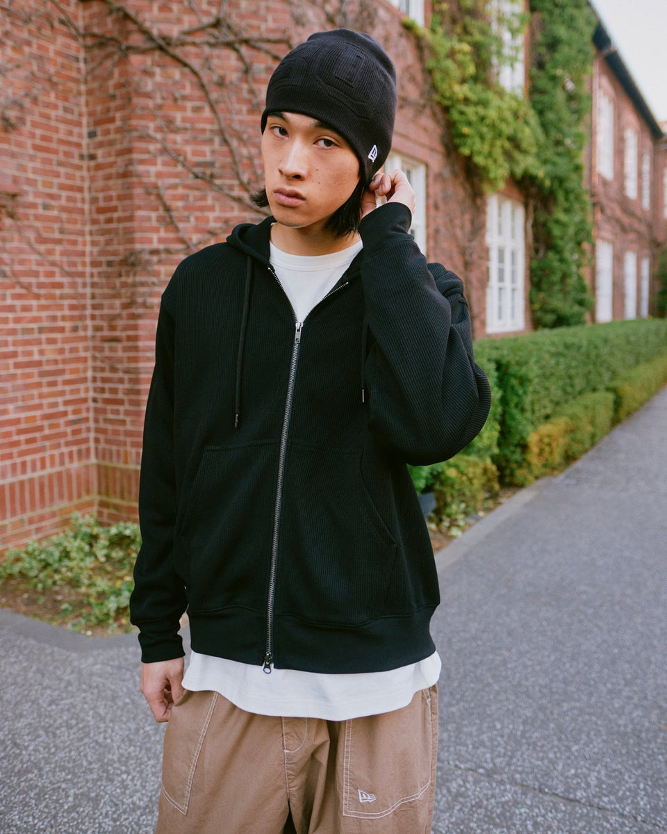 オーバーサイズド ワッフル フルジップフーディー BLACK LABEL
