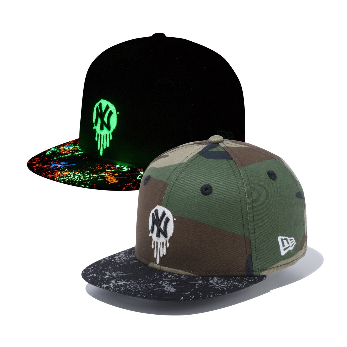 Child 9FIFTY ニューヨーク・ヤンキース スプラッシュペイント グローインザダーク ウッドランドカモ ブラックバイザー  ニューエラオンラインストア
