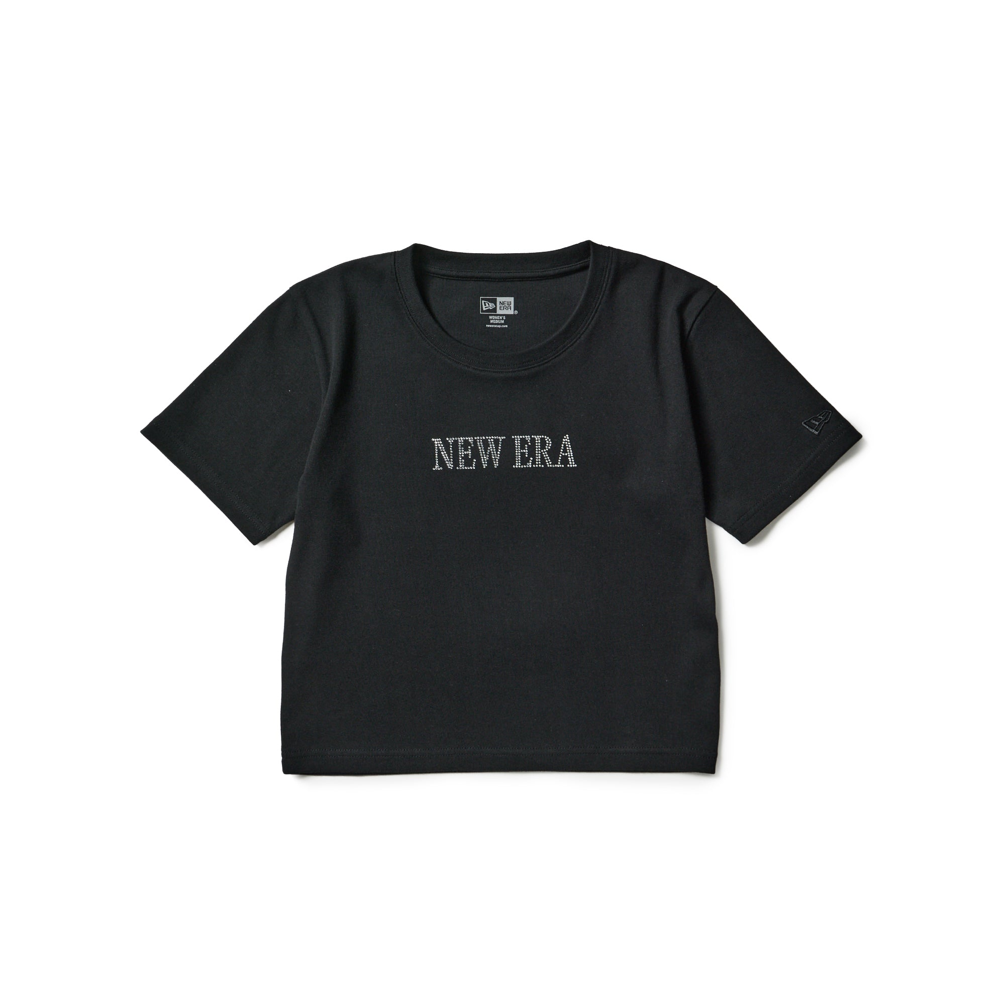 Women's 半袖 ミニ Tシャツ Rhinestone ラインストーン Logo ブラック