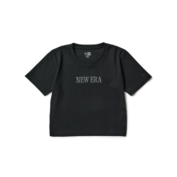 Women's 半袖 ミニ Tシャツ Rhinestone ラインストーン Logo ブラック