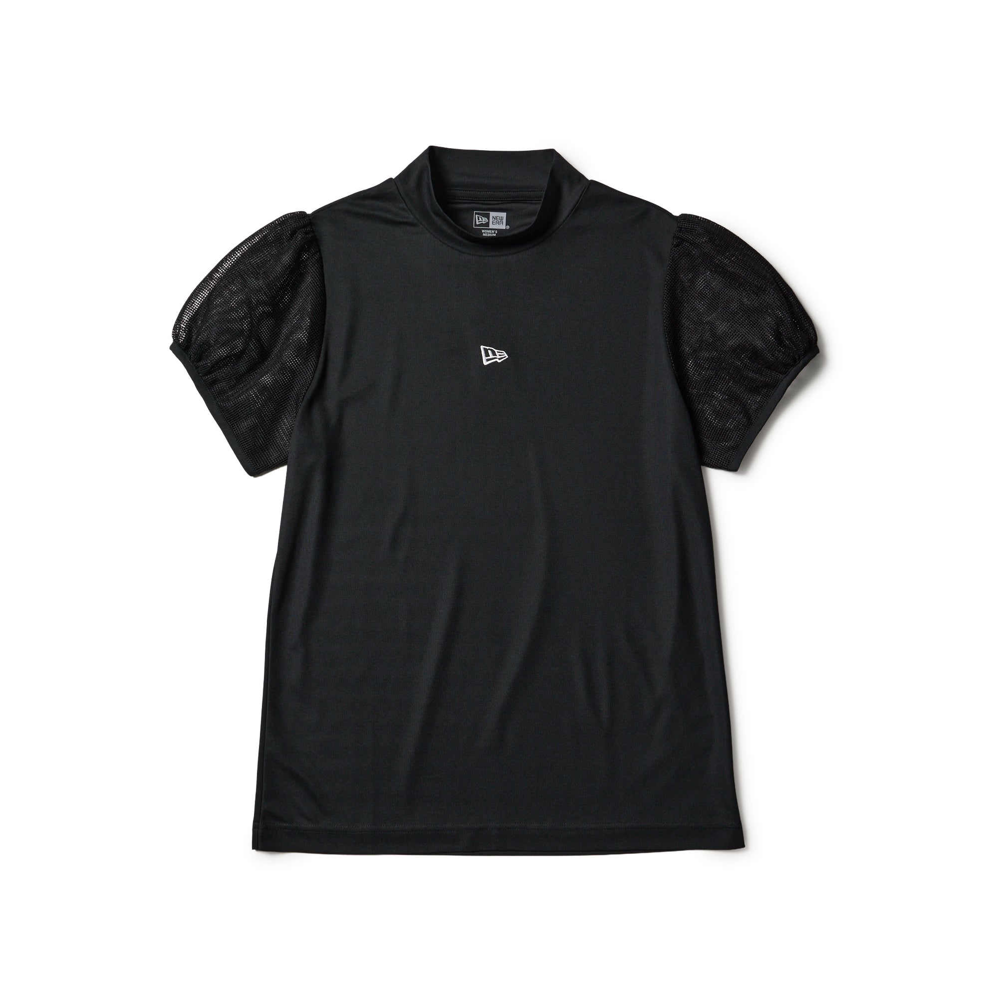 Women's 半袖 メッシュスリーブ ミッドネック Tシャツ ブラック