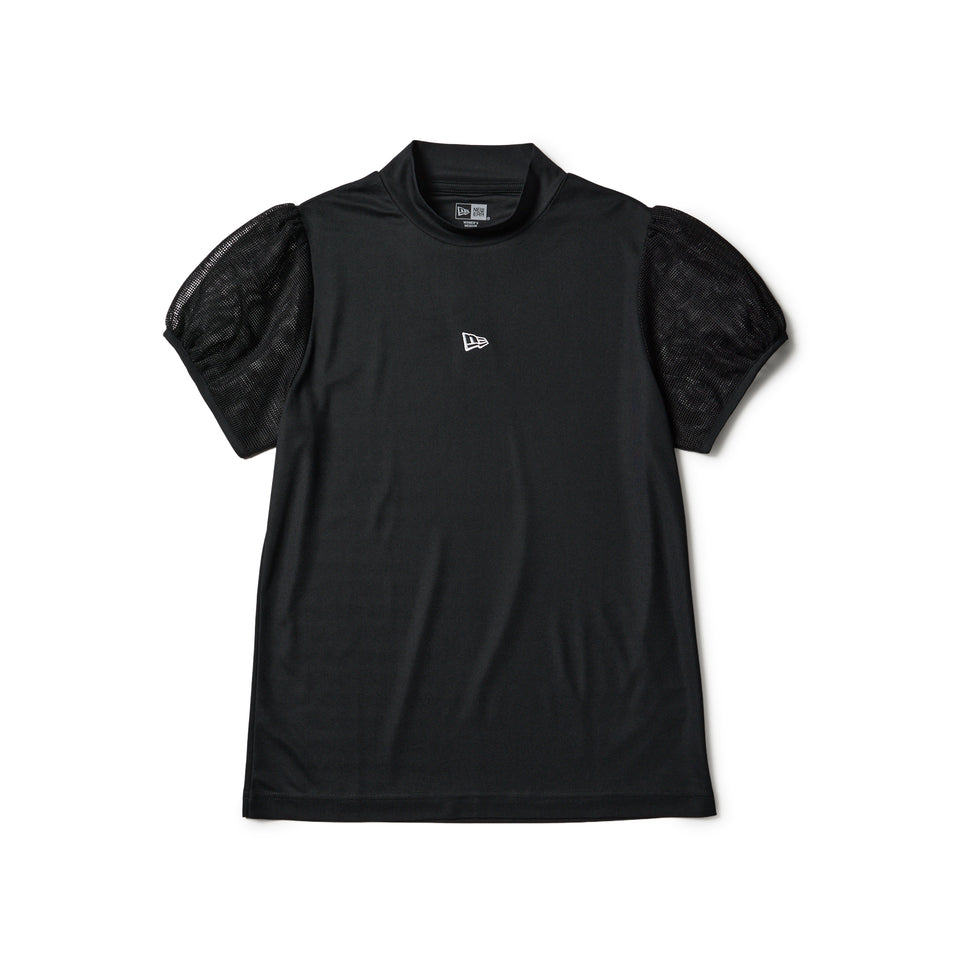Women's 半袖 メッシュスリーブ ミッドネック Tシャツ ブラック