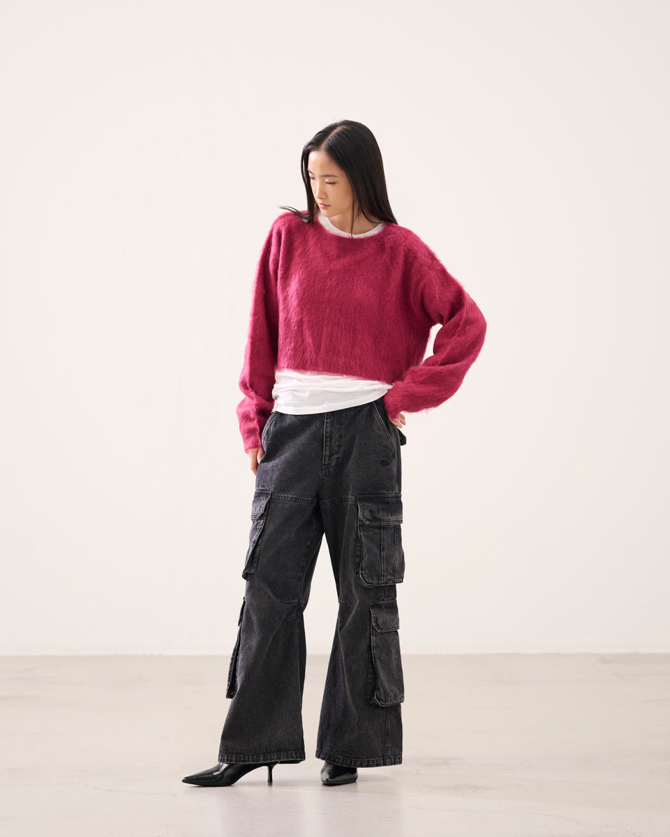 ウィメンズ クルーネック ロングスリーブ クロップド モヘアニット BLACK LABEL FW26 ボルドー | NEW ERA ニューエラ公式オンラインストア