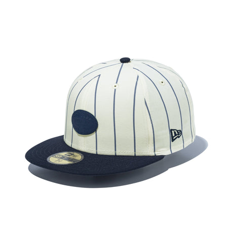 Warriors 59FIFTY 7 1/2 クリーム×タン 日本未発売 59FIFTY BLACK LABEL SS25 レザーパッチ クロームストライプ ネイビー