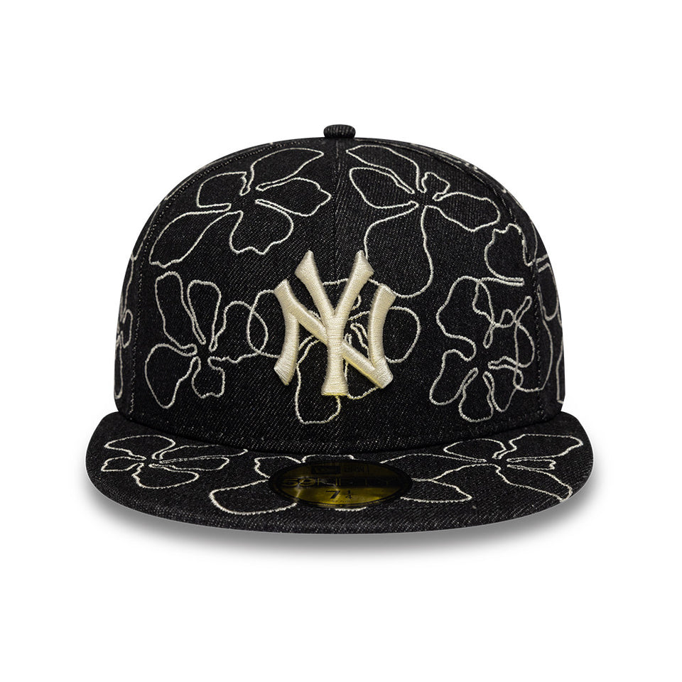 希少【アシーナニューヨーク】ブラック デニム 花柄フラワー 刺繍レース ハット黒 59FIFTY Floral Denim ニューヨーク・ヤンキース ブラックデニム