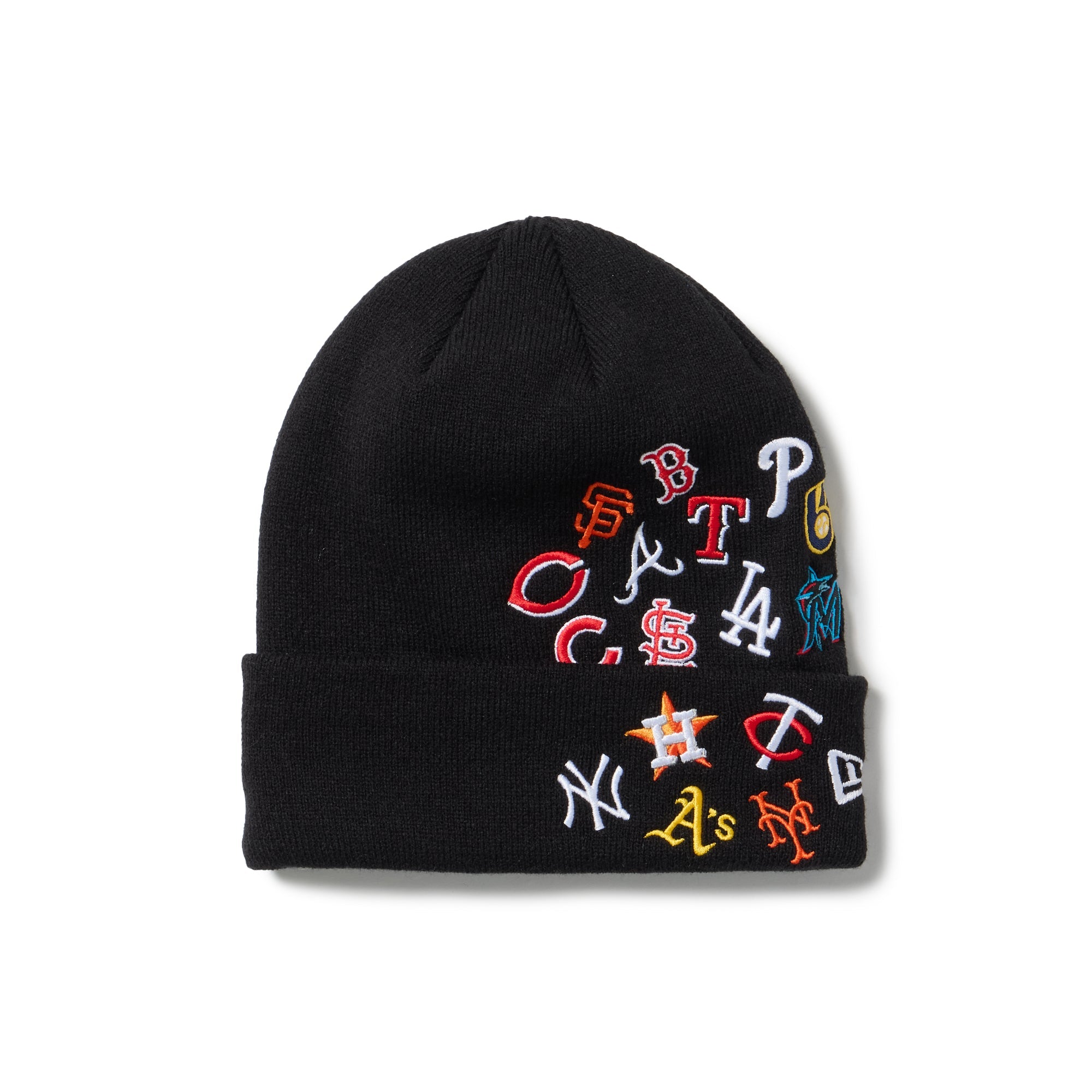 ニューエラ　ブラフマン梵 LOGO ニット帽 ベーシック カフニット チームロゴ オールオーバー MLB ブラック